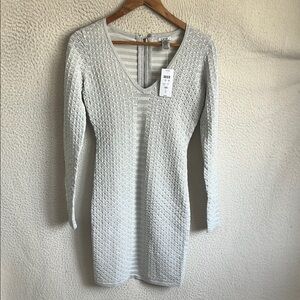 Cache Long Sleeve V-Neck Bodycon Dress Womens XS‎ Silver Grey